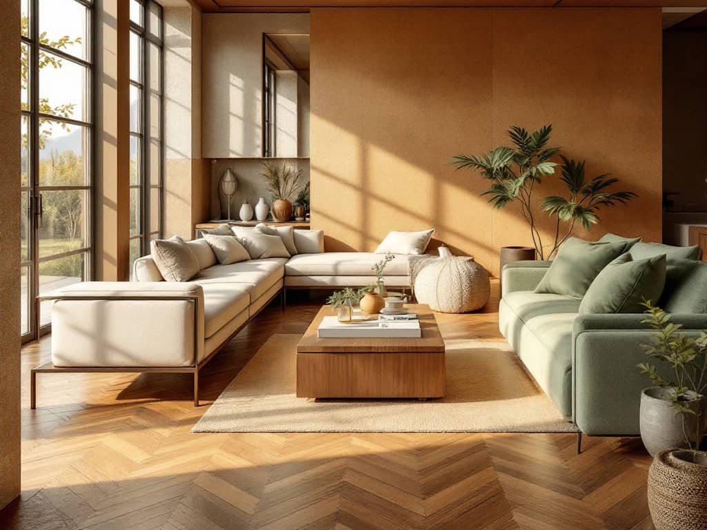 Luxe woonkamer met duurzame materialen: gerecycled hout, natuursteen, linnen meubels en bamboe salontafel in gouden licht.