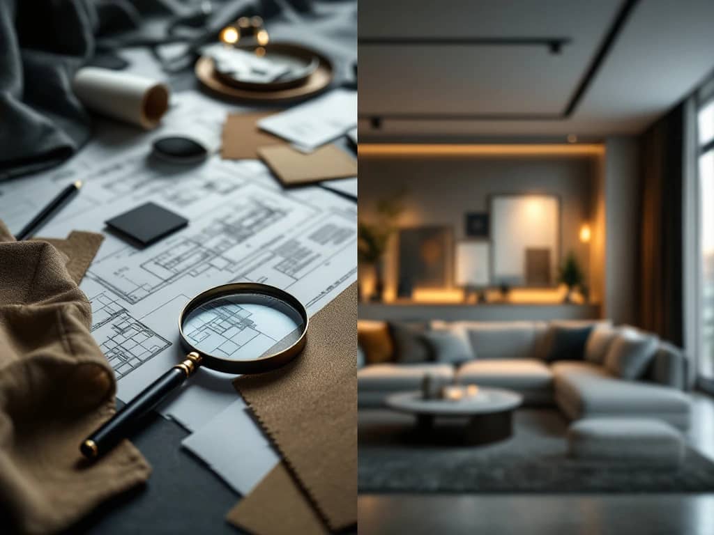 Interieurontwerp consultatieproces met blauwdrukken, materiaalstalen en luxe moderne ruimte in split-screen compositie