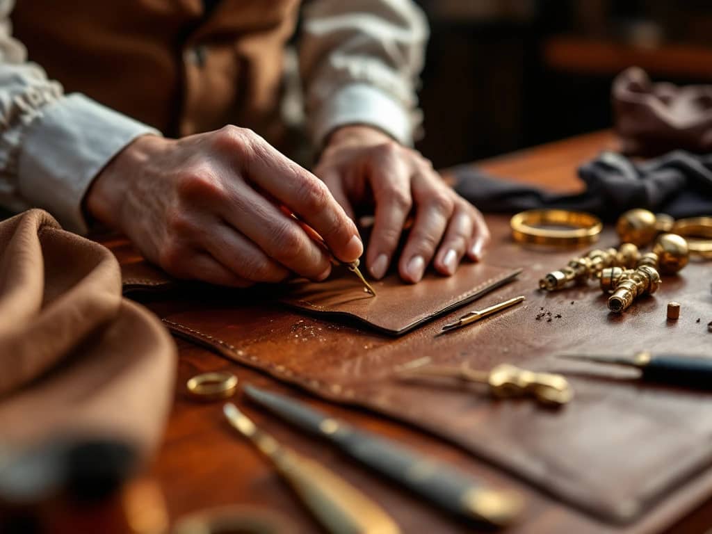 Ambachtspersoon werkt aan luxe leren product met gouden gereedschap op mahonie werkbank in warm verlicht atelier