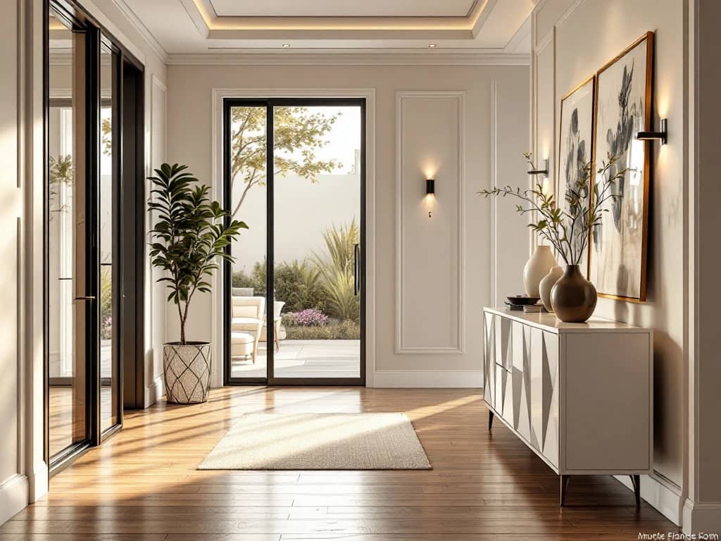 Luxe entreehal met hardhouten vloer, glazen deur, designmeubels en natuurlijk licht in neutrale tinten