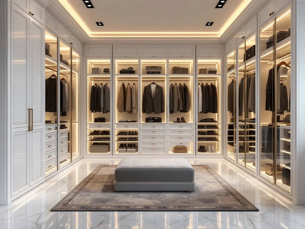 Luxe inloopkast met witte inbouwkasten, marmeren vloer, LED-verlichting en fluwelen ottoman in het midden