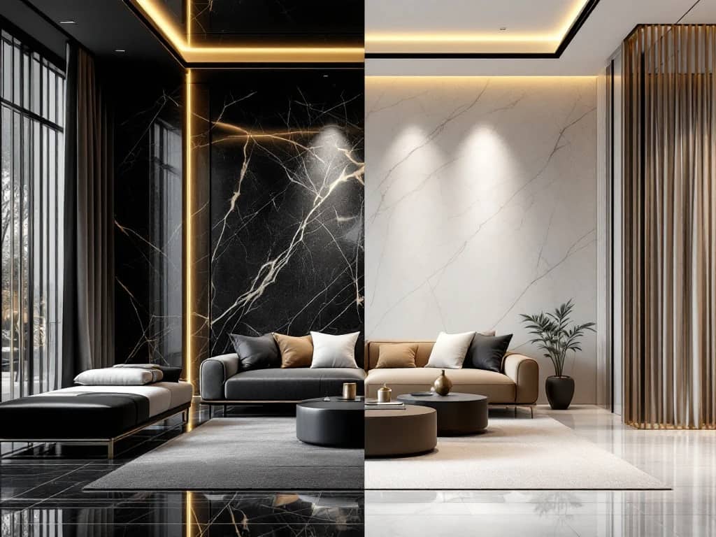 Split-screen vergelijking luxe interieur met marmer en goud tegenover eenvoudige kamer met basis materialen