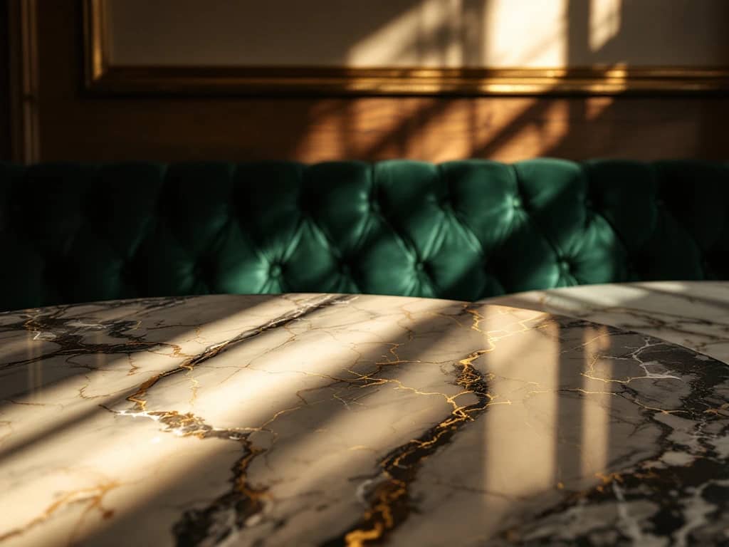 Luxe interieur met gepolijst marmer, smaragdgroene fluwelen bekleding en messing armaturen in warm licht