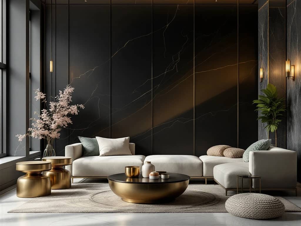 Luxueuze interieurruimte met marmeren oppervlakken, fluwelen texturen en elegante kleurgradiënten van antraciet tot goud