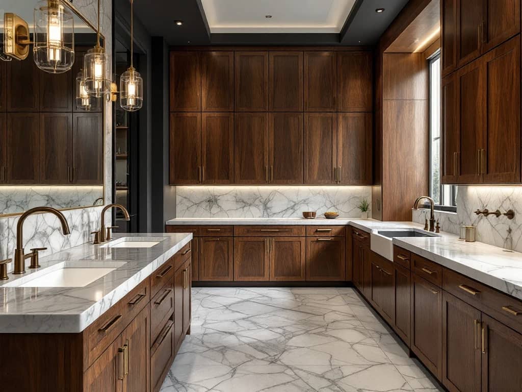 Luxe moderne keuken met handgesneden marmeren werkbladen, walnoten kasten en artisanaal messing beslag