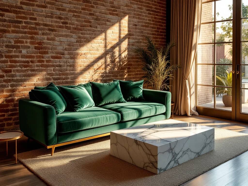 Luxe interieur met smaragdgroene fluwelen bank, bakstenen muur, marmeren tafel en zijden gordijnen in gouden zonlicht