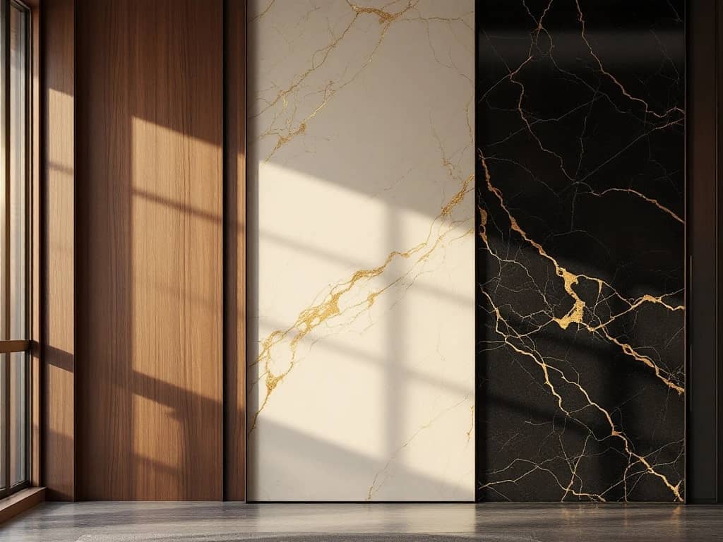 Luxe interieurwand met walnoothout panelen, getextureerd pleisterwerk en donker marmer met gouden adering