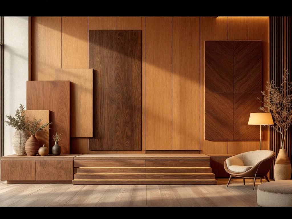 Luxe moderne interieur met warme houttexturen in walnoot, eiken en kersen met stijlvolle verlichting en geometrische lijnen