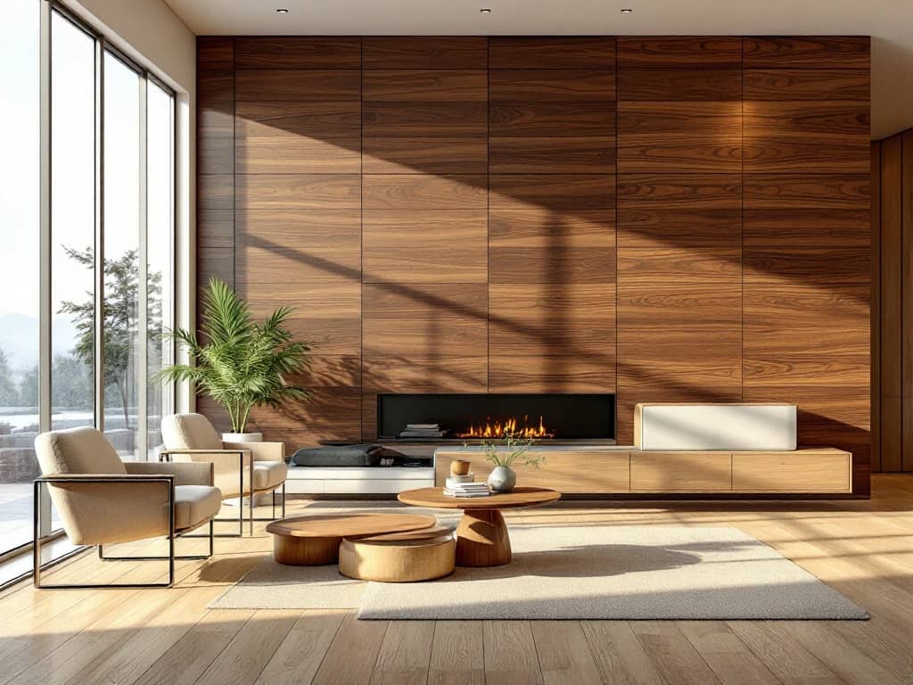 Luxe moderne woonkamer met walnoothout wandpanelen, teak meubels en eiken vloer in natuurlijk licht