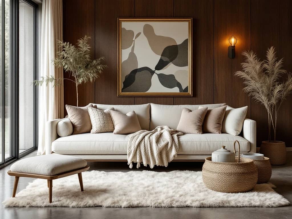 Luxe moderne woonkamer met crème bouclé bank, zachte texturen, warme verlichting en neutrale tinten