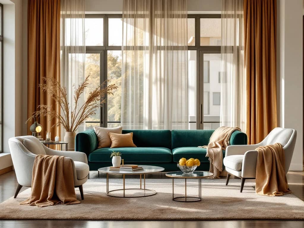 Luxe moderne woonkamer met fluwelen bank, linnen fauteuil, zijden gordijnen en wollen tapijten in warme neutrale tinten.