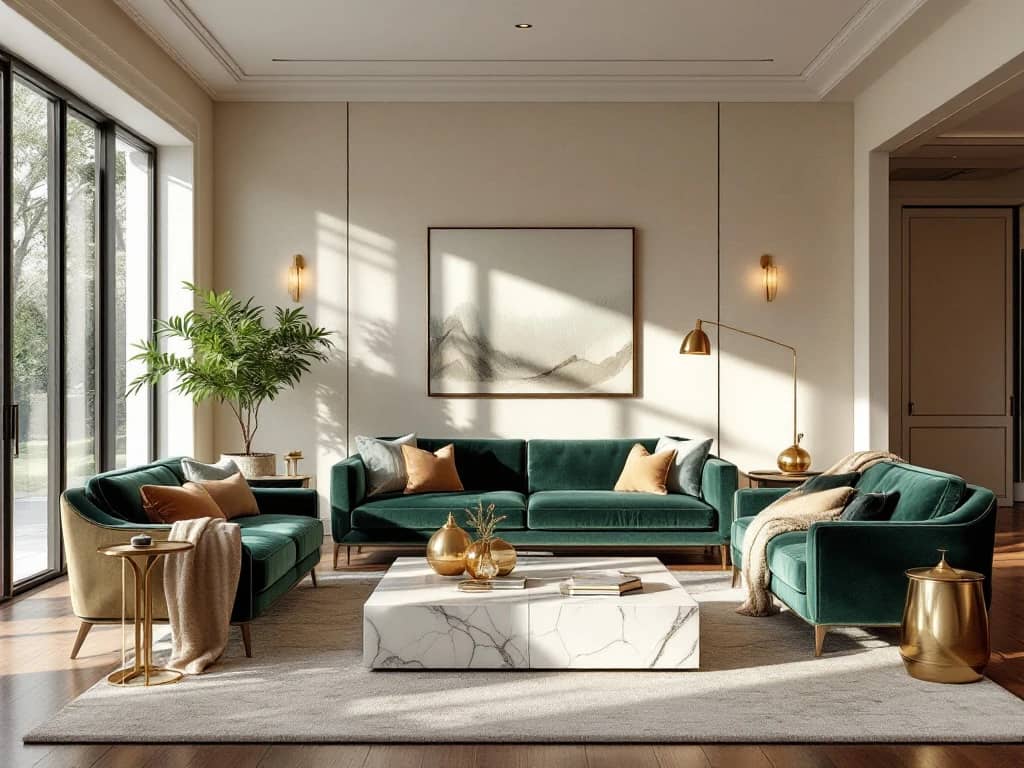 Luxe moderne woonkamer met smaragdgroene fluwelen banken, marmeren salontafel en warme messing verlichting bij ramen