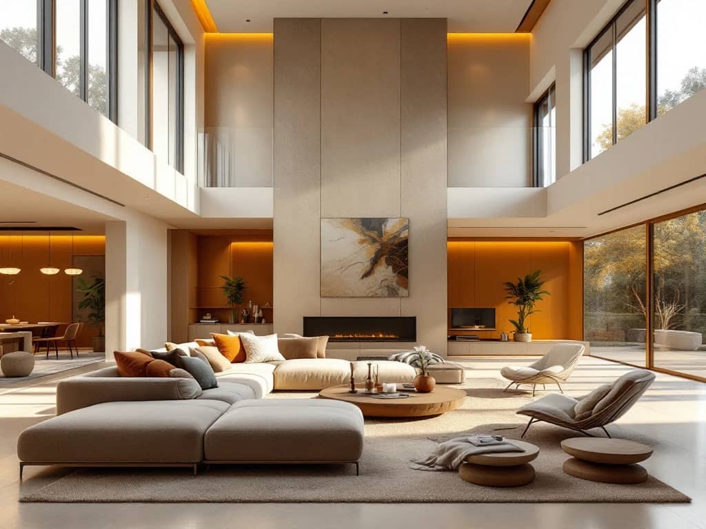 Luxe moderne woonkamer met hoge plafonds, grote ramen, zachte verlichting en gezellige zithoeken met warme tinten