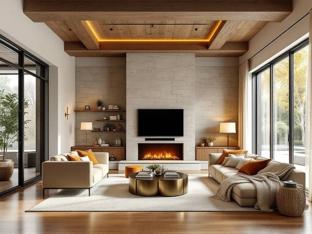 Luxe moderne woonkamer met houten balken, stenen muur, haard en warme verlichting in crème en karamel tinten