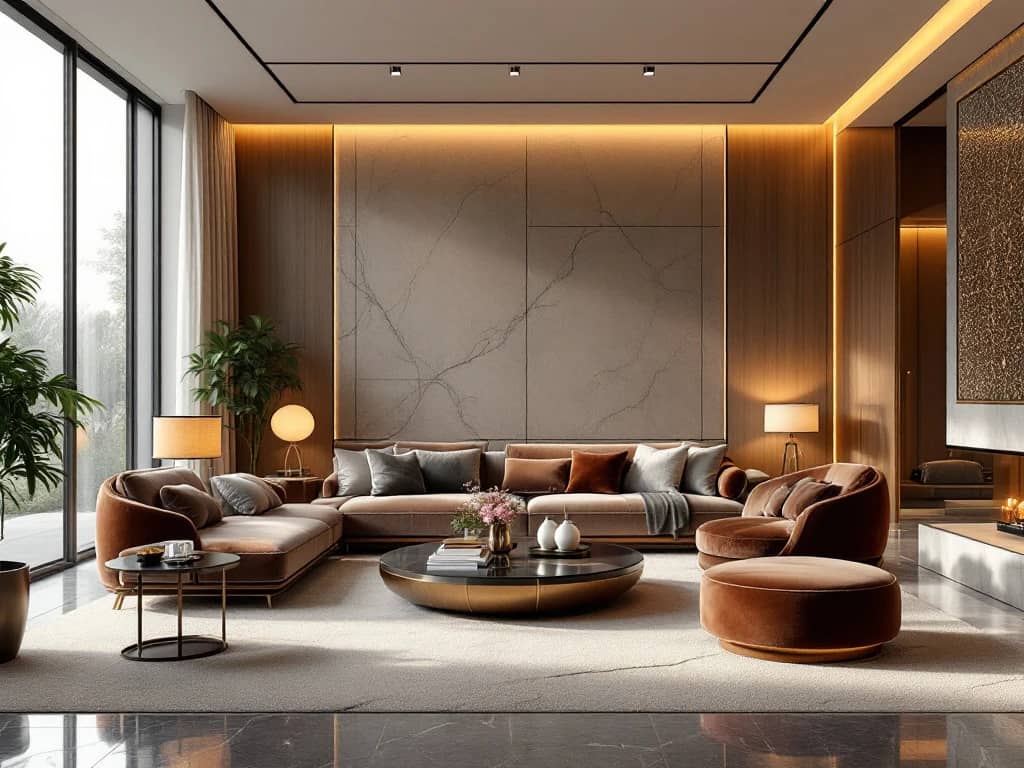 Luxe moderne woonkamer met fluwelen zitmeubels, marmeren oppervlakken en warm neutrale kleuren bij natuurlijk licht