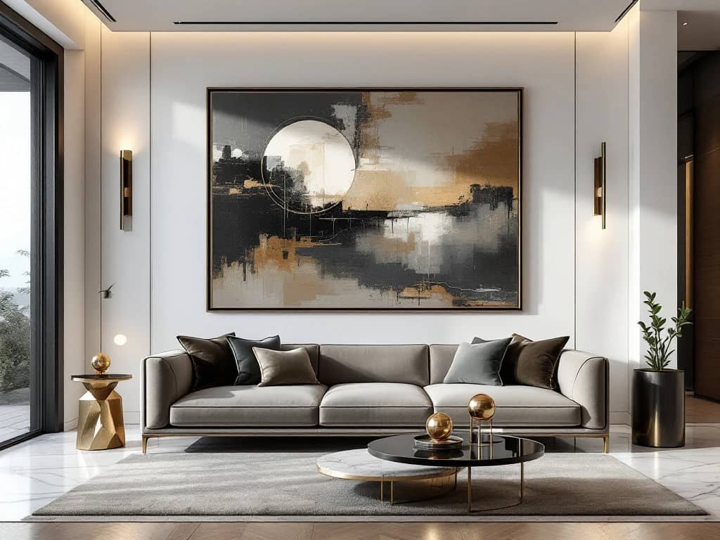 Luxe moderne woonkamer met minimalistische bank, hedendaagse kunst aan witte muur en warme sfeerverlichting