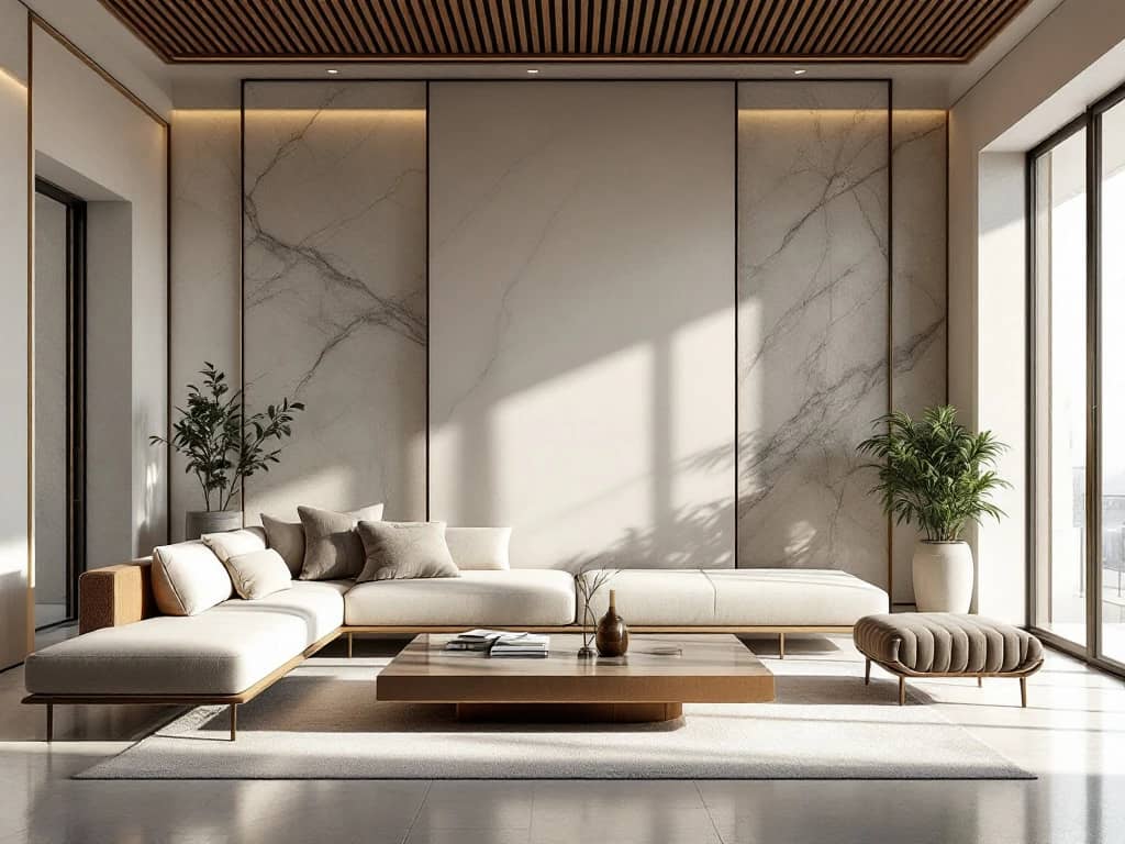 Luxe moderne woonkamer met marmeren oppervlakken, warme houtaccenten en minimalistische zithoek in neutrale tinten