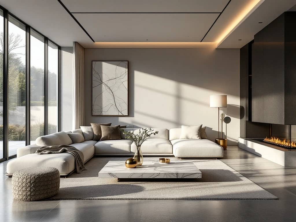 Luxe moderne woonkamer met marmeren salontafel, neutrale meubels en vloer-tot-plafond ramen met natuurlijk licht