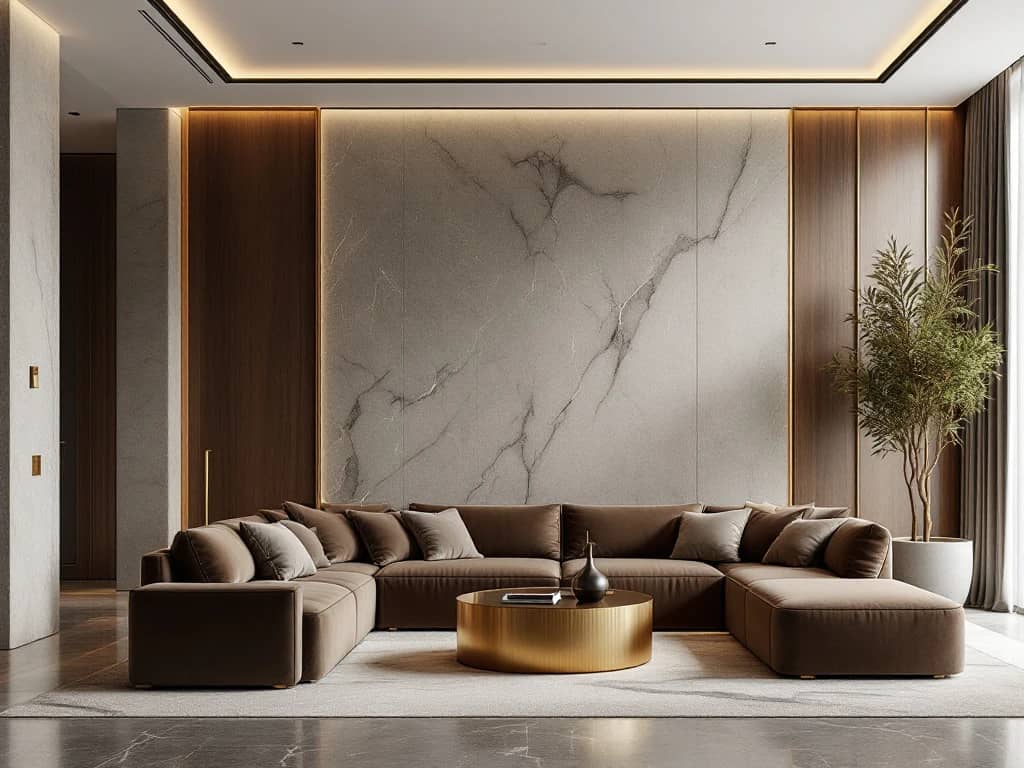 Luxe moderne woonkamer met marmeren oppervlakken, walnoothout panelen, messing accenten en fluwelen meubilair