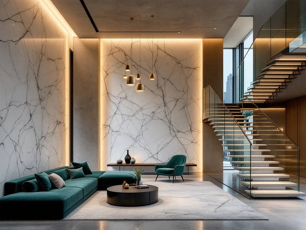 Luxe moderne woonkamer met marmeren oppervlakken, zwevende trap, fluwelen meubilair en stadsgezicht door grote ramen