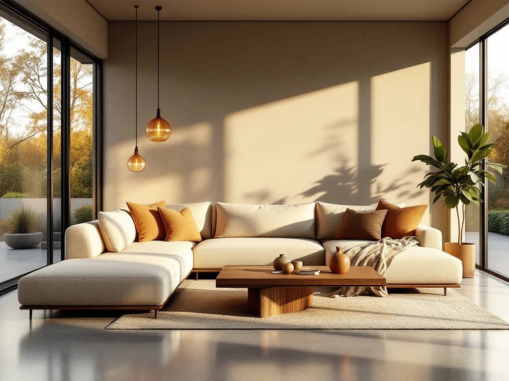 Luxe moderne woonkamer met beige bank, walnouten salontafel en gouden avondlicht door ramen tot plafond