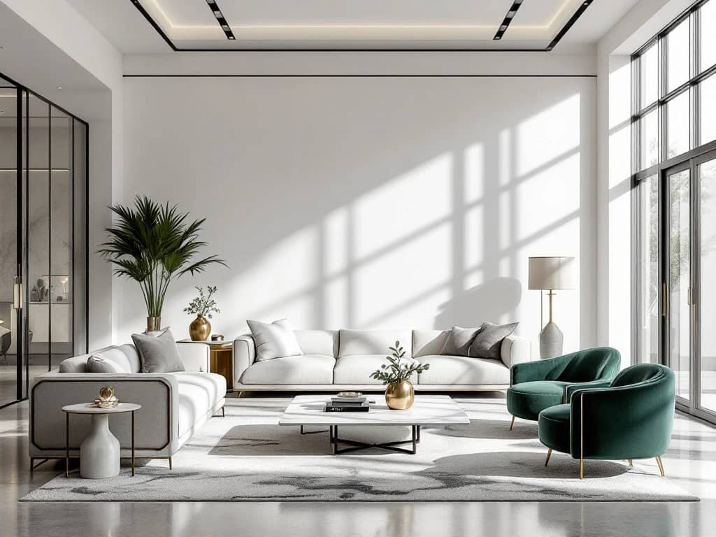 Luxe moderne woonkamer met minimalistische witte muren, marmeren salontafel, smaragdgroene fluwelen stoel en gouden accenten