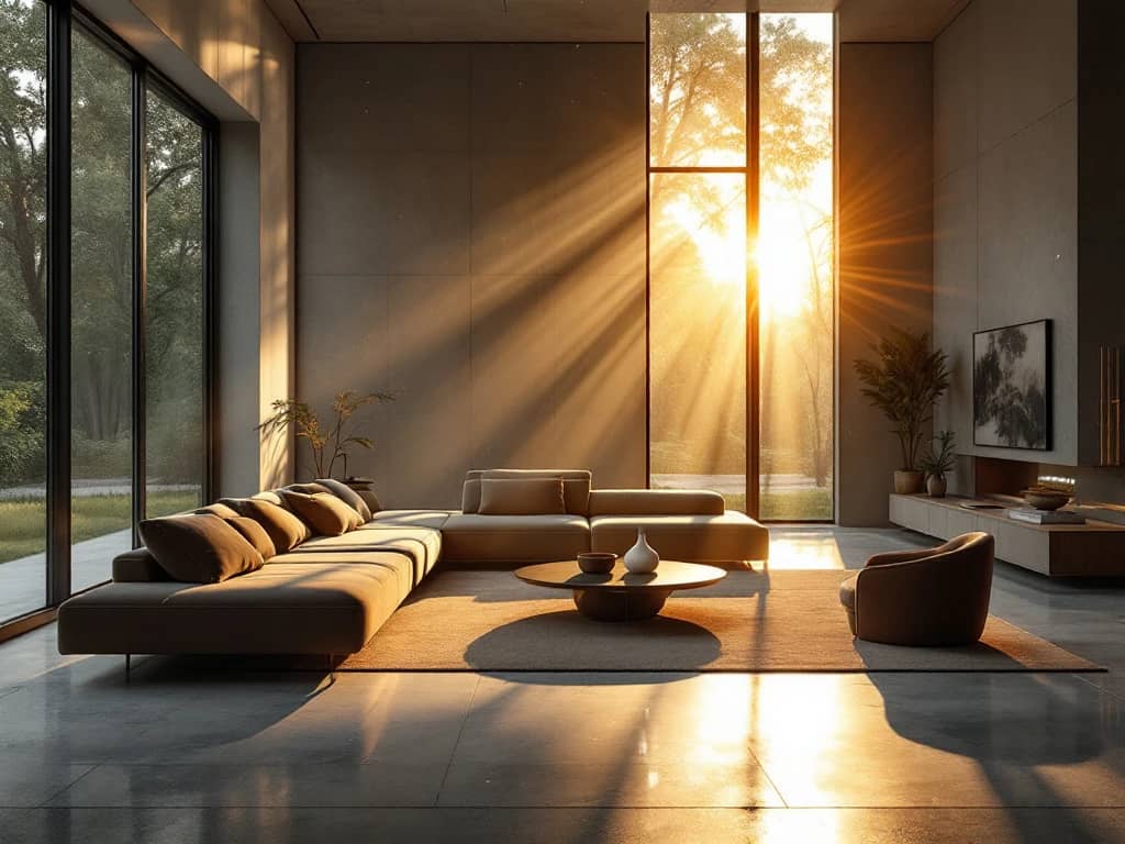 Luxe moderne woonkamer met dramatisch natuurlijk licht door grote ramen, fluwelen banken en marmeren oppervlakken