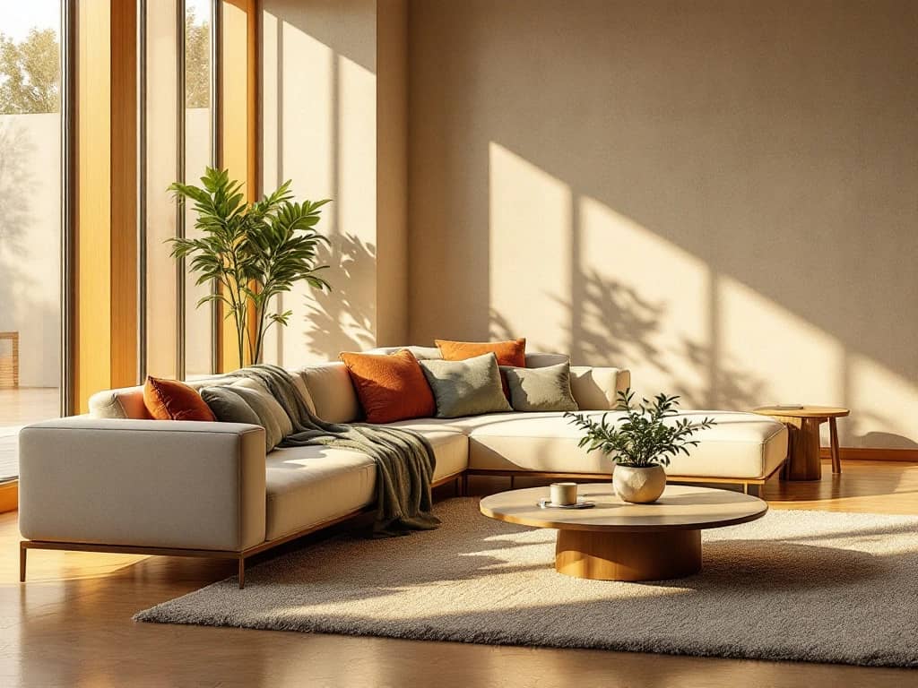 Luxe moderne woonkamer met gouden zonlicht door grote ramen, crème bank, houten vloer en betonnen muren