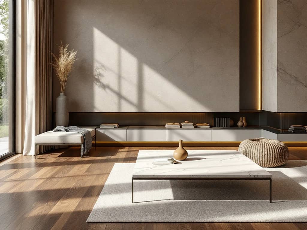 Luxe moderne woonkamer met walnotenhout vloer, marmeren salontafel, stenen muur en natuurlijke textiel in neutrale tinten