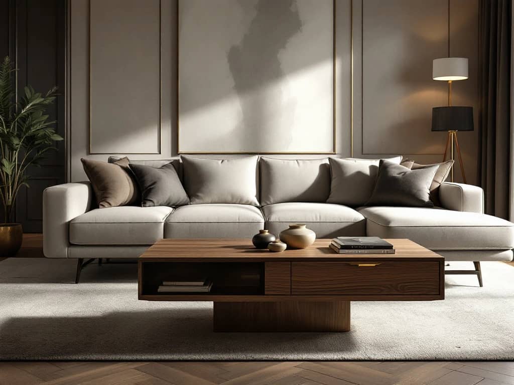 Luxe moderne woonkamer met hoogwaardige sectionale bank en houten salontafel in warme kleuren