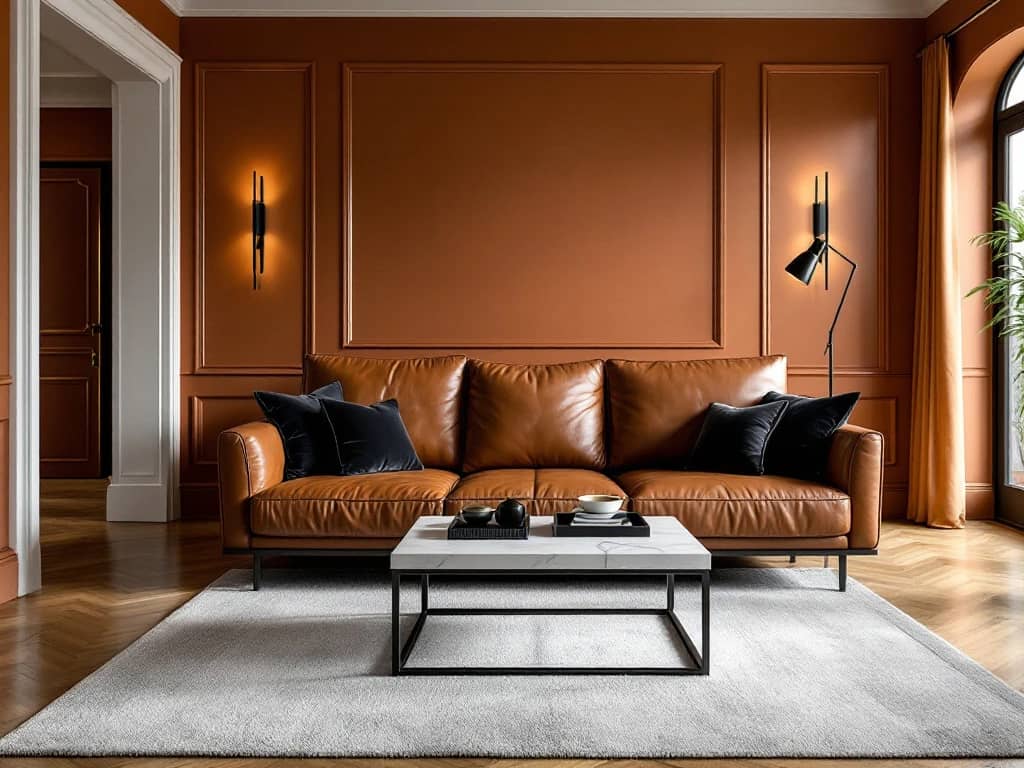 Luxe moderne woonkamer met terracotta muren, cognac leren bank, wit marmeren salontafel en gouden verlichting