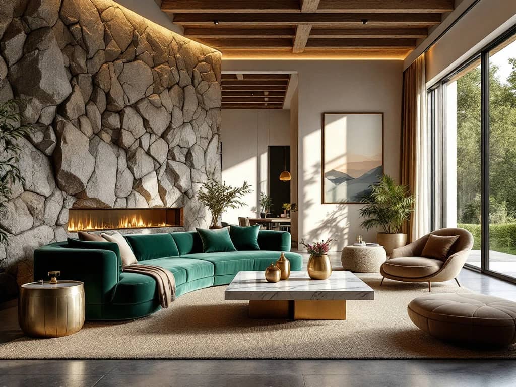 Luxe moderne woonkamer met smaragdgroene fluwelen bank, natuursteen muur, marmeren salontafel en diverse texturen