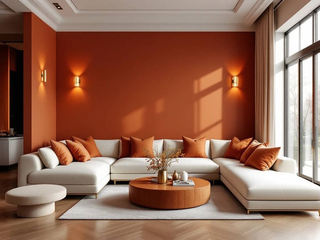 Luxe moderne woonkamer met terracotta muur, crème bank en warme eiken vloer in gouden licht