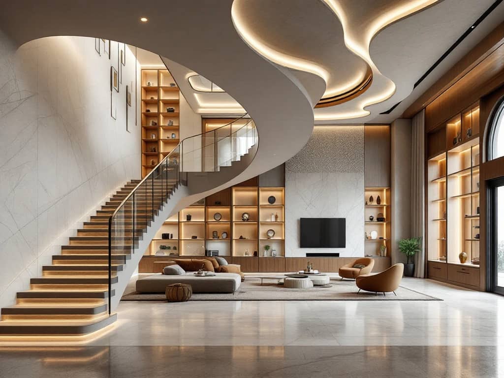 Luxe moderne woonkamer met zwevende trap, ingebouwde kasten en marmeren accenten in warm walnotenhout