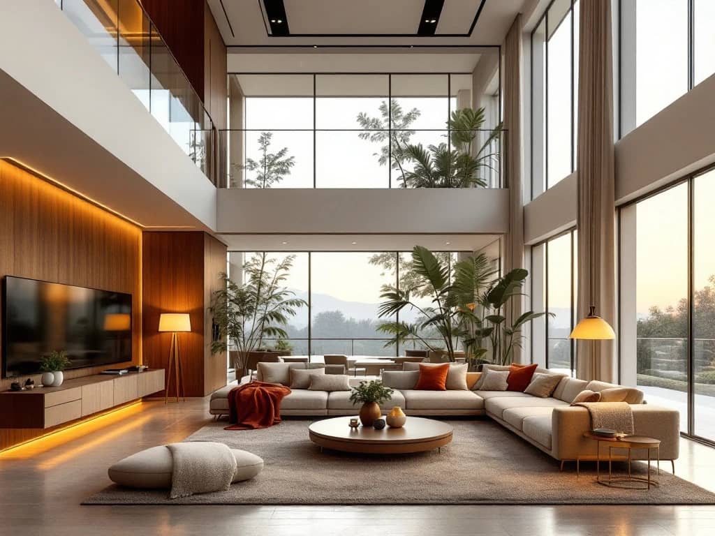 Luxe open woonkamer met hoge plafonds, vloer-tot-plafond ramen en gezellige zithoeken met warme verlichting en houten scheidingswanden