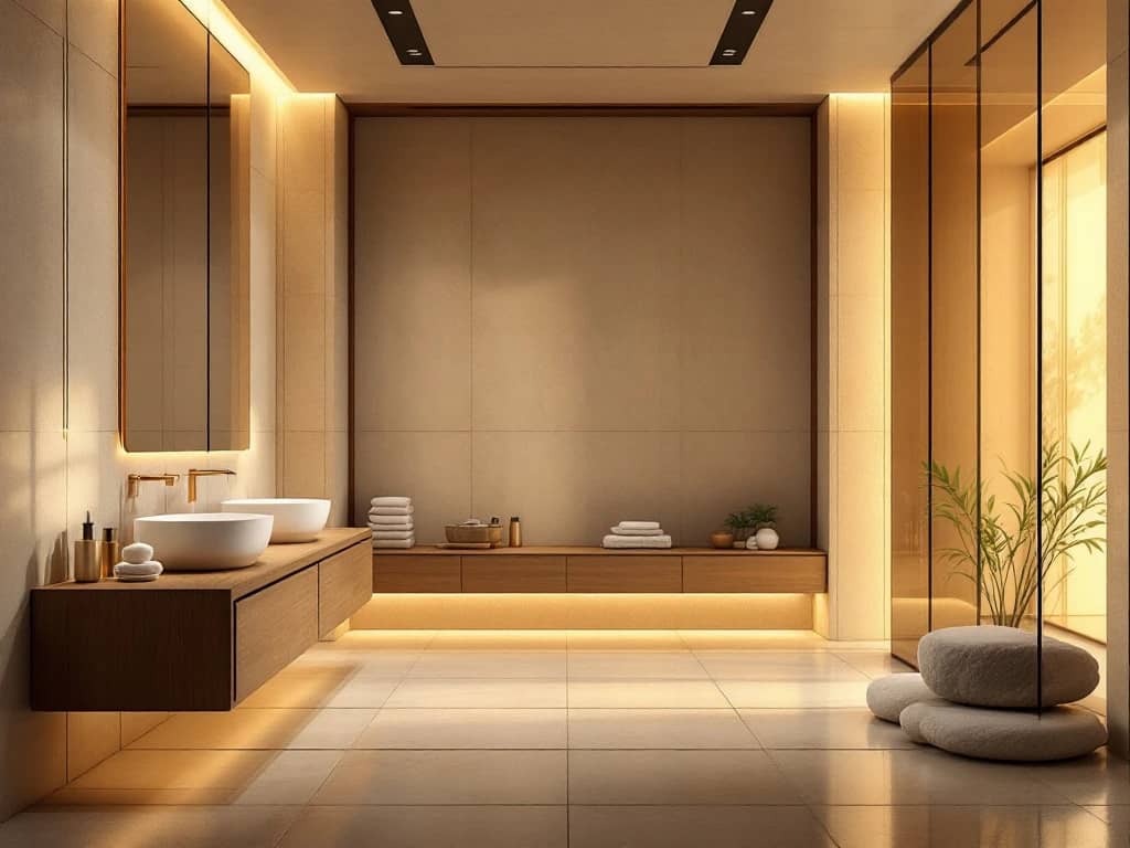 Luxe moderne spa-interieur met natuursteen wanden, zwevende houten wastafels en warme sfeerverlichting