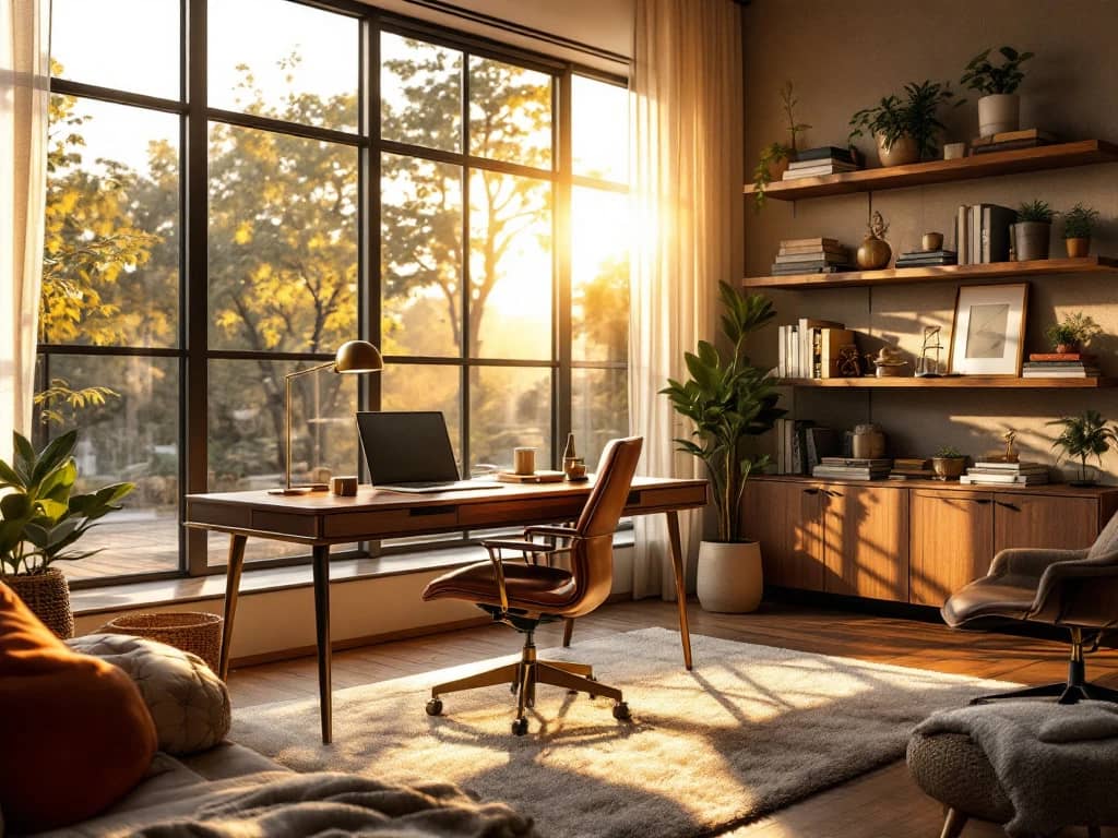 Luxe moderne thuiskantoor met walnotenhout bureau, leren stoel en gouden zonlicht door grote ramen