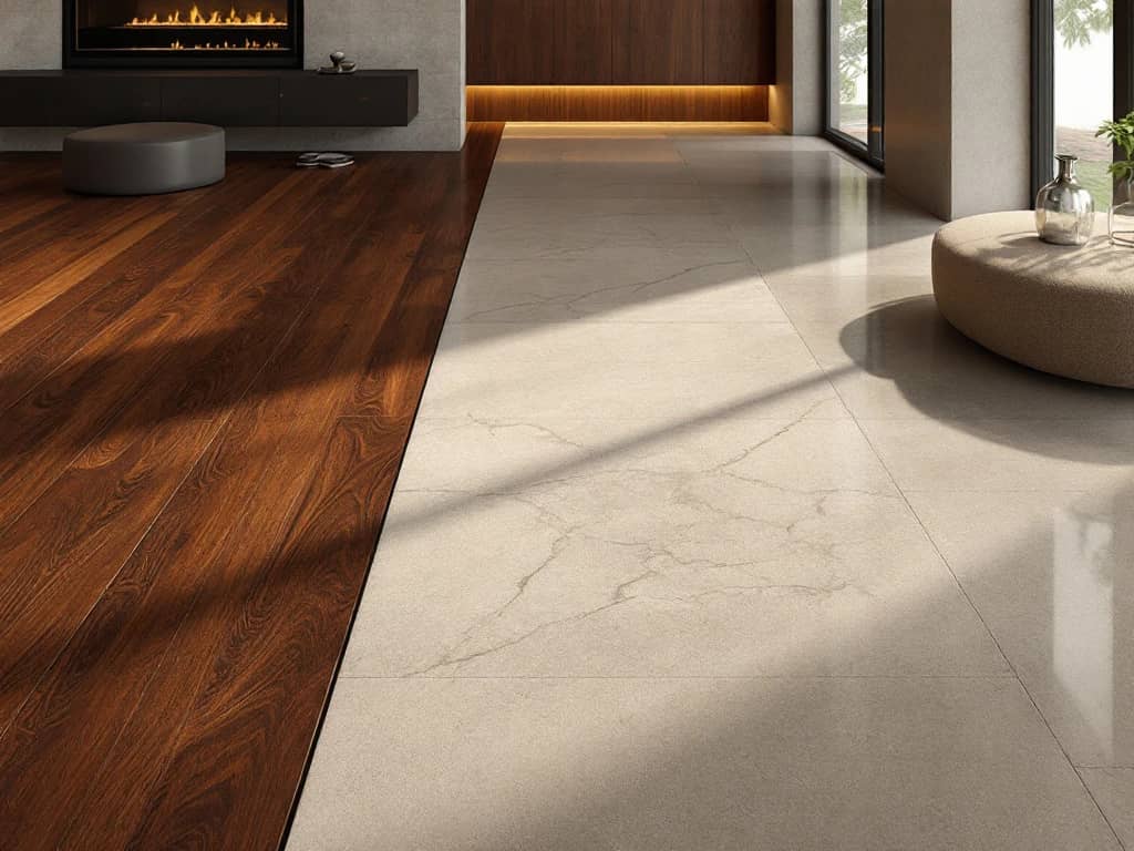 Luxe woonkamer met drie premium vloermaterialen: donker hardhout, natuursteen en beton in moderne setting