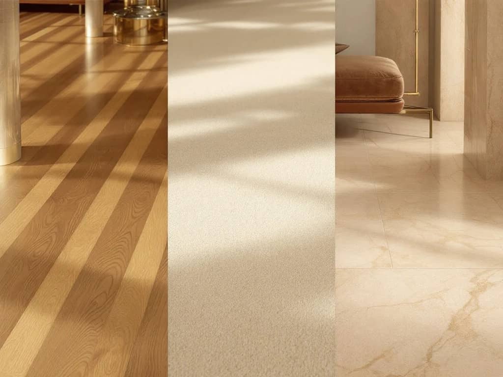 Luxe interieur met drie warme vloermaterialen: houten planken, wollen tapijt en travertijn tegels in gouden licht