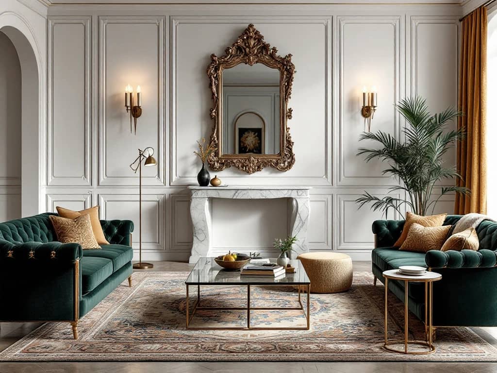 Luxe woonkamer met antieke barokke spiegel boven moderne marmeren console, Perzisch tapijt en smaragdgroene accenten