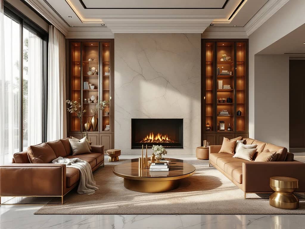 Luxe woonkamer met cognac leren meubels, wit marmer, gouden accenten en natuurstenen open haard bij ramen