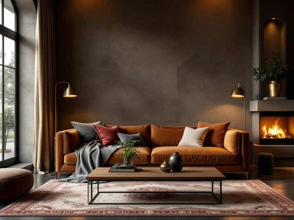 Luxe woonkamer met cognac leren bank, messing lampen, houten salontafel en warme gouden verlichting bij open haard