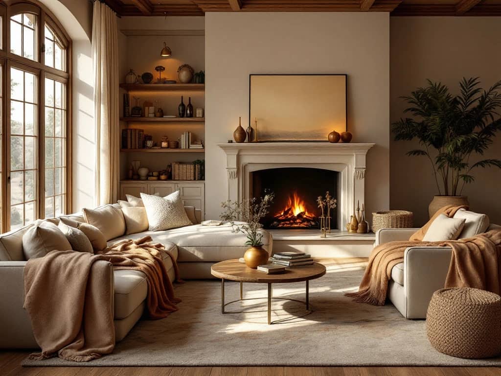 Luxe woonkamer met crème meubels, natuurlijk hout, open haard en warme verlichting in gouden uurtje sfeer.