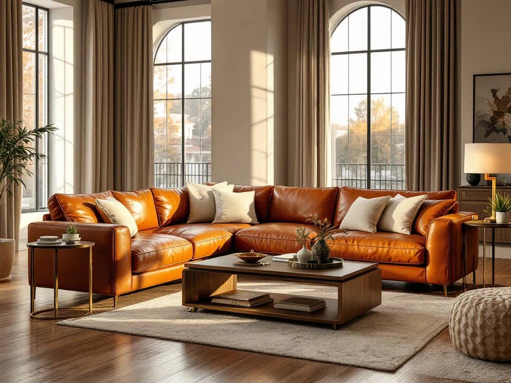 Luxe woonkamer met cognac leren meubels, walnouten salontafel en warme verlichting door hoge ramen