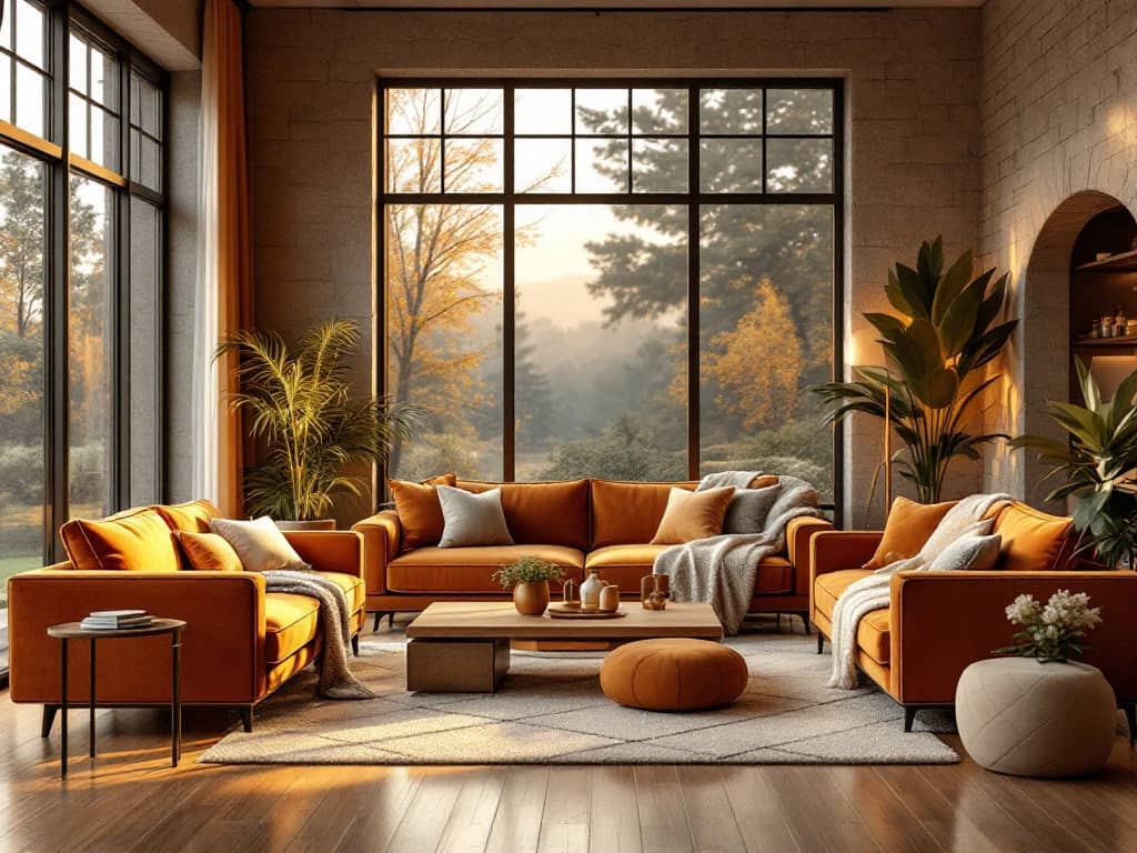Luxe woonkamer met cognac fluwelen banken, warme amber verlichting door grote ramen en gouden zonlicht op hardhouten vloer