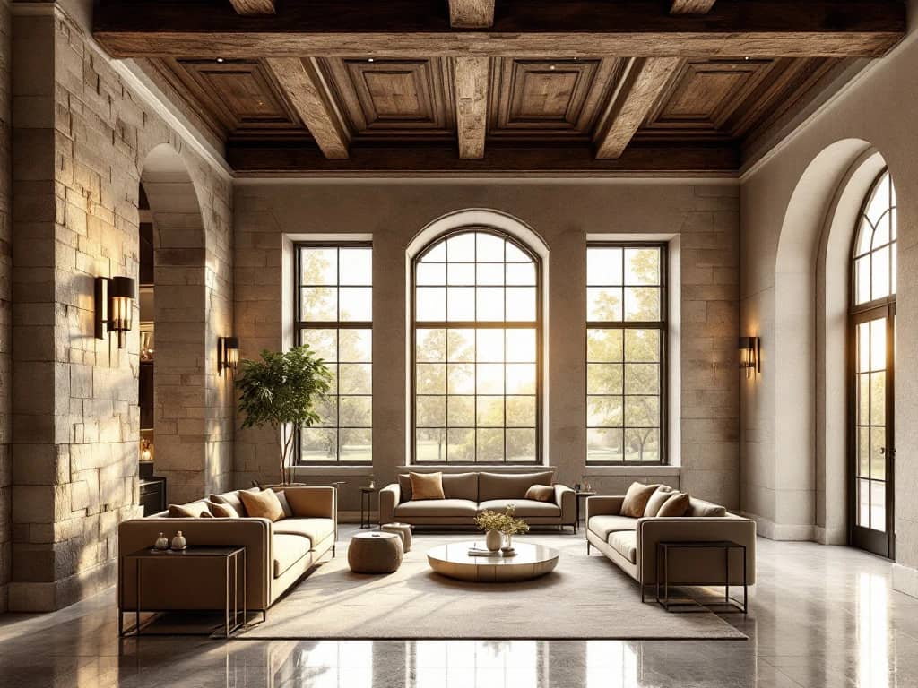 Elegante kamer met antieke houten balken, moderne meubels en marmeren oppervlakken in warm zonlicht