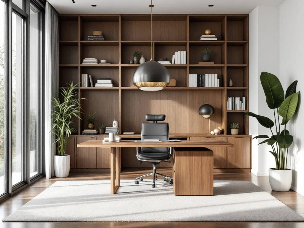 Luxe moderne thuiskantoor met walnoten bureau, ergonomische stoel en grote ramen met natuurlijk licht