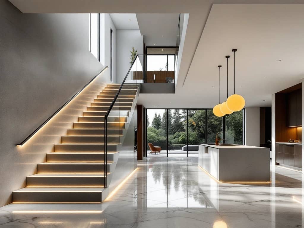 Modern interieur met LED-verlichting in betonnen trap, hangende lampen boven keukeneiland en natuurlijk licht door ramen