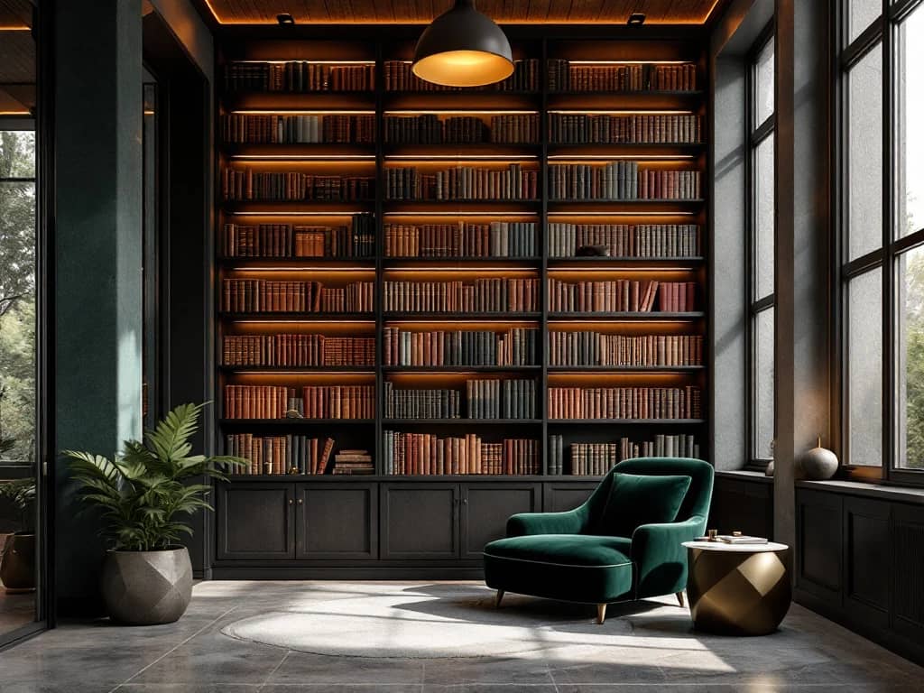 Moderne bibliotheek met donkere houten boekenkasten, smaragdgroene fauteuil en warme verlichting in luxueuze leesruimte