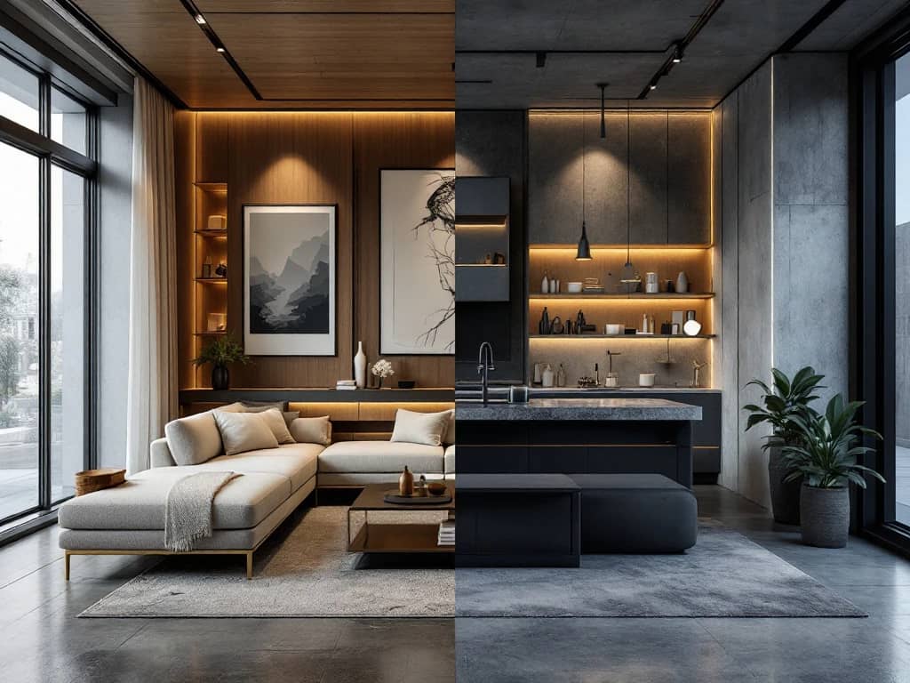 Gesplitst interieur toont warme moderne woonkamer met hout tegenover industriële ruimte met beton en staal